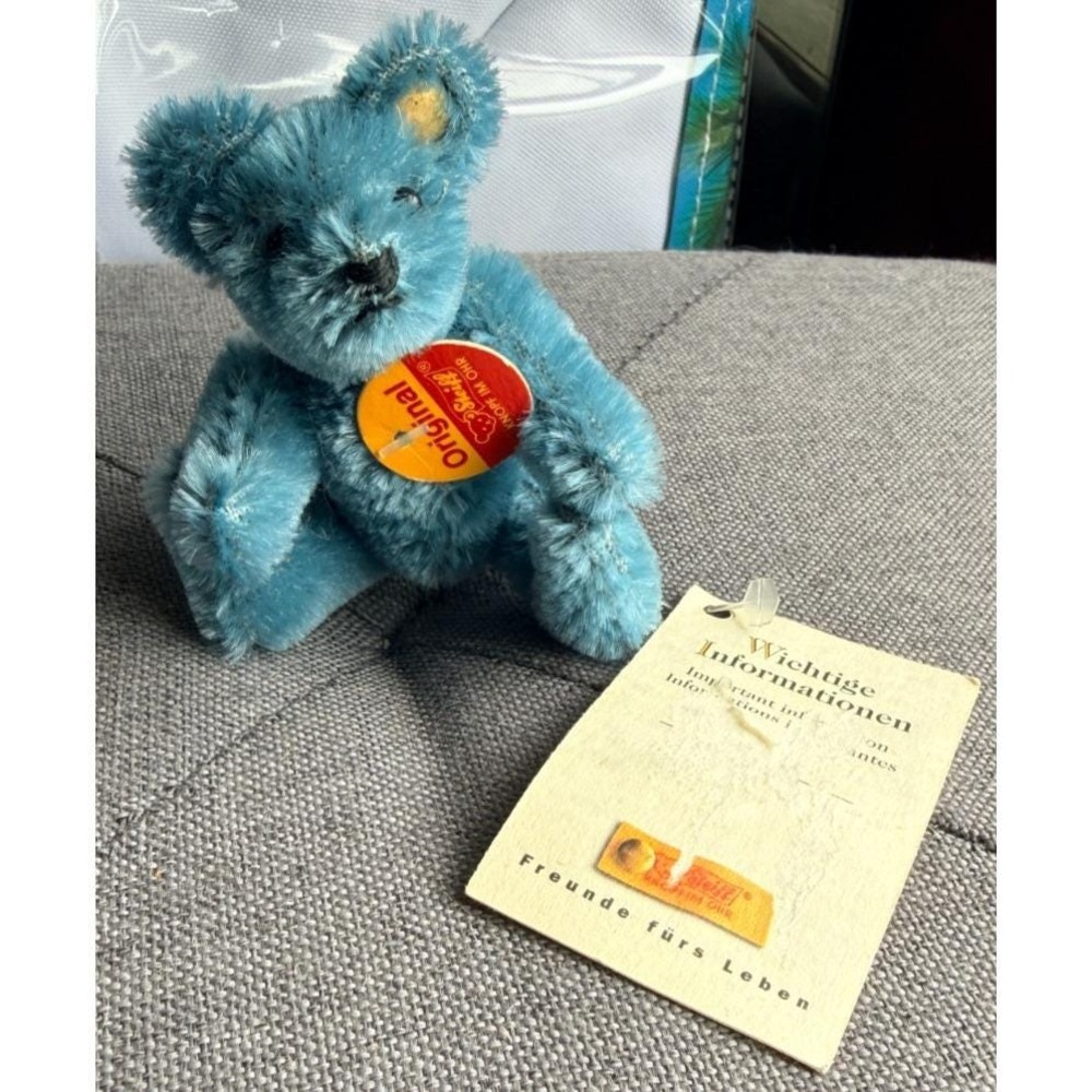 Steiff Miniature Blue short mohair Teddy Bear 3.5" Brass Button,No Ear Tag,w/OT
